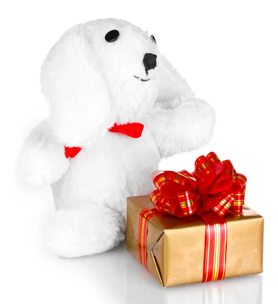 孤立在白纸上的白色小兔子以及礼品盒 — 图库照片