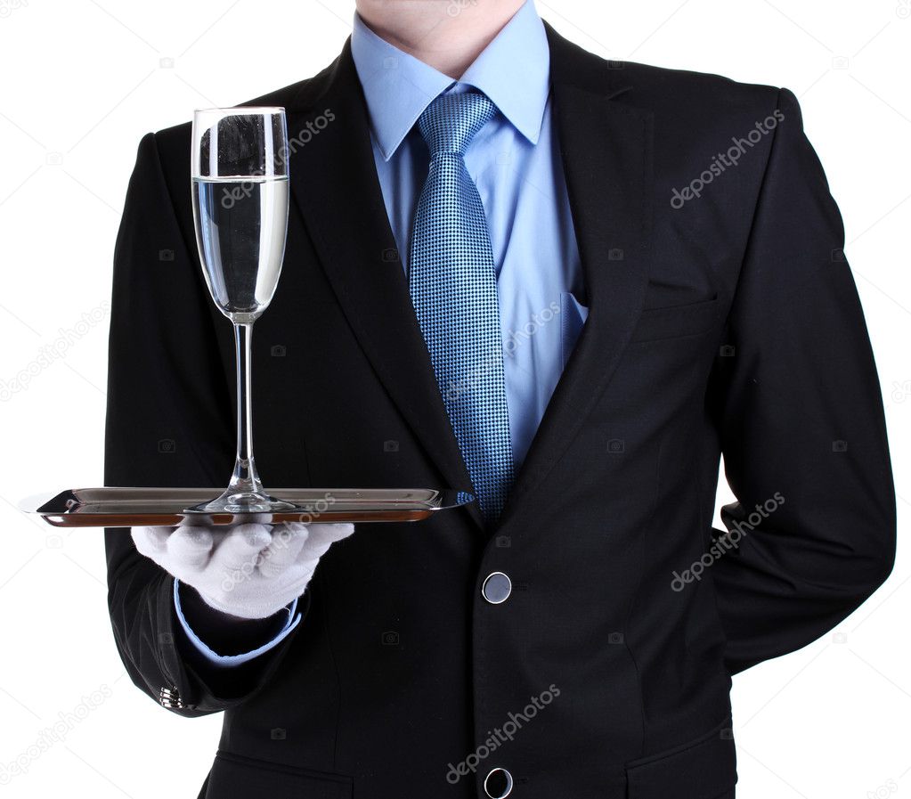 Formal waiter with a glass of water on silver tray isolated on white