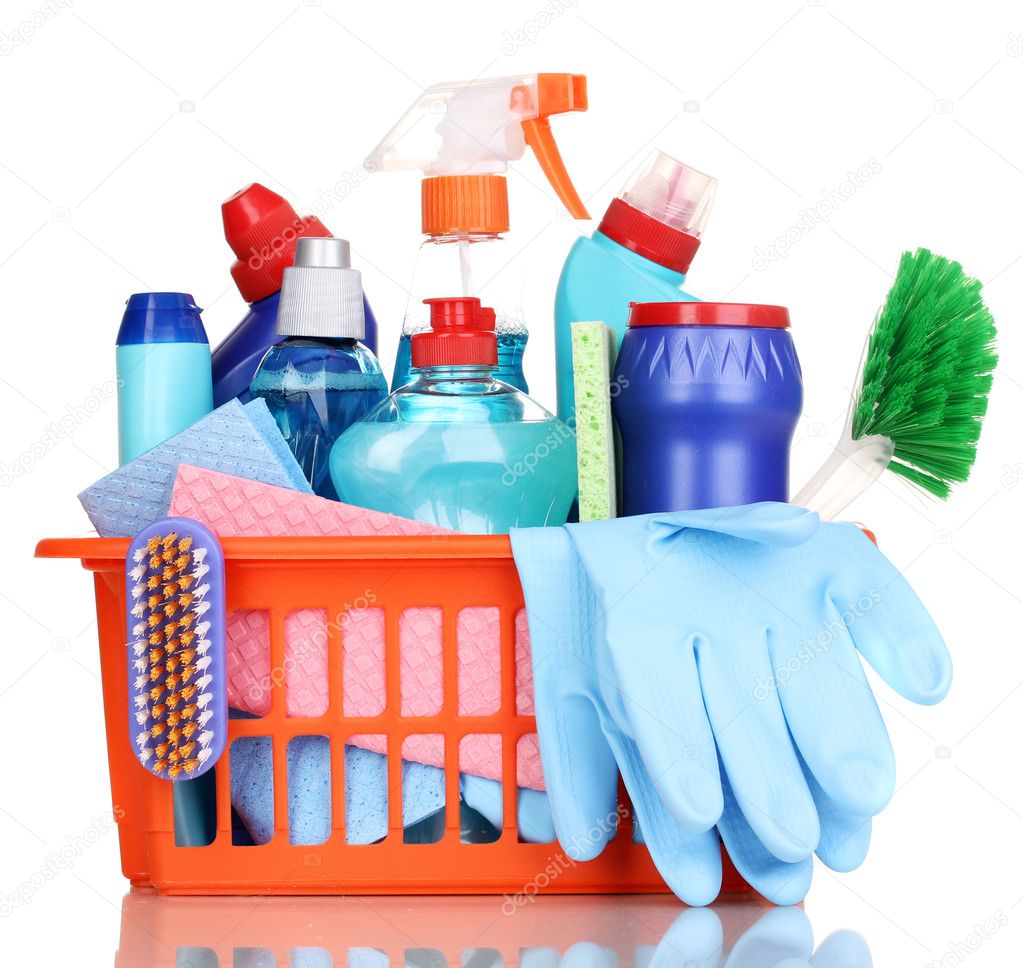 Cleaning items in plastic basket isolated on white Stock Photo by ...