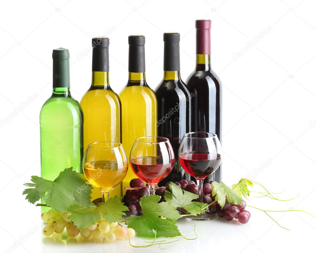 Bottles and glasses of wine and ripe grapes isolated on white