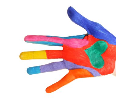 Brightly colored hand on white background close-up clipart