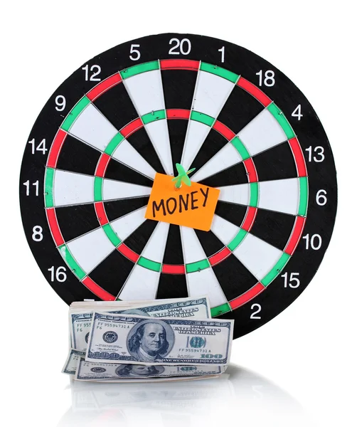 Darts with a sticker symbolizing money isolated on white background — Stock Photo, Image