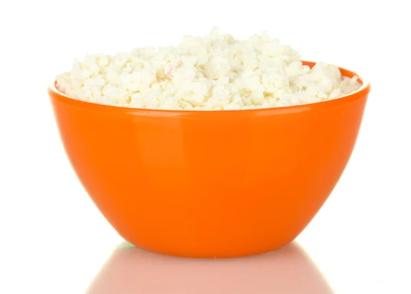 Cottage cheese in orange bowl isolated on white — Stock Photo, Image
