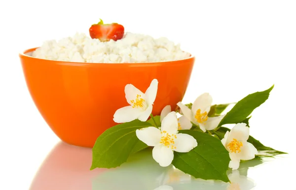 Cottage cheese with strawberry in orange bowl and flowers isolated on white — Stock Photo, Image