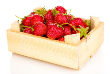 Sweet ripe strawberries in crate isolated on white clipart