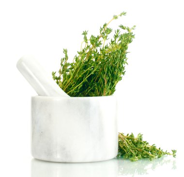 Mortar with fresh green thyme isolated on white clipart