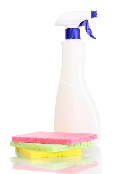 Cellulose sponges and spray isolated on white — Stock Photo, Image
