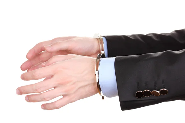 Businessman mains entravées avec menottes isolées sur blanc — Photo
