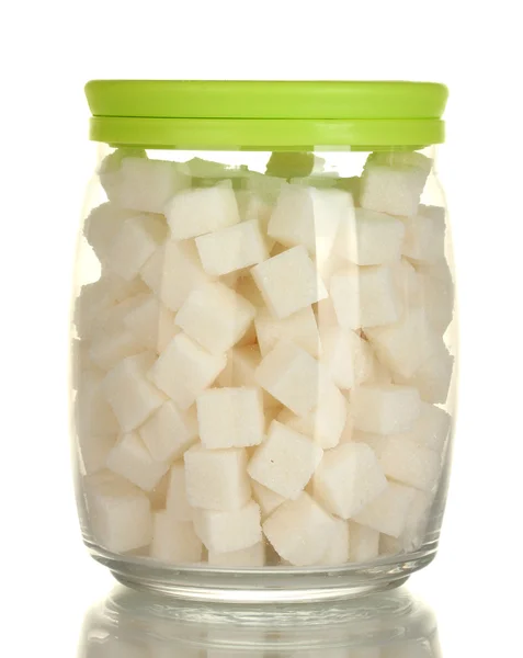 Frasco com um açúcar de caroço branco isolado sobre branco — Fotografia de Stock