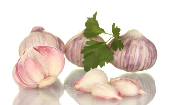 Young garlic peeled with parsley isolated on white background — Stock Photo, Image