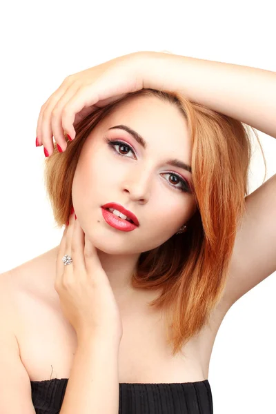 Πορτρέτο της σέξι κοπέλα με αίγλη μακιγιάζ και κόκκινο μανικιούρ — Φωτογραφία Αρχείου