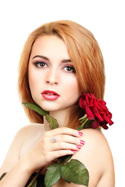 Ritratto di giovane donna sexy con rosa rossa — Foto Stock