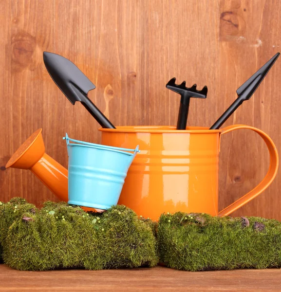 Зеленый мох и банка для полива с садовыми инструментами на деревянном фоне — стоковое фото