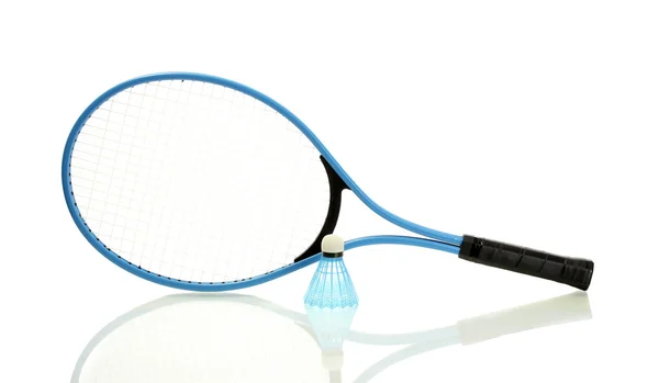 Rakieta badmintona i wahadłowiec izolowane na białym — Zdjęcie stockowe