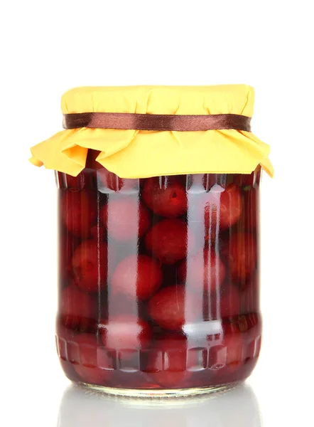 Jar with canned cherries isolated on white — Stock Photo, Image