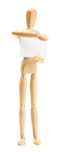 Wooden mannequin with empty paper isolated on white — Stock Photo, Image