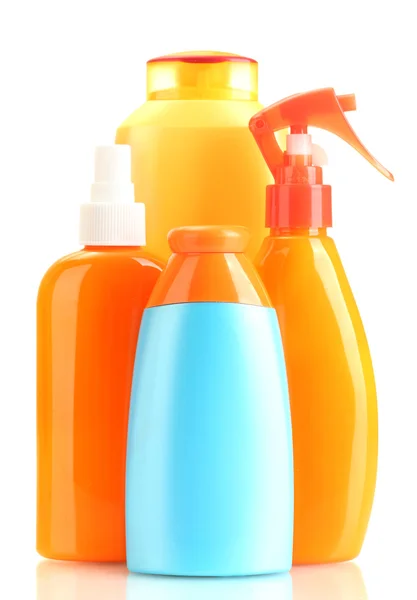 Bottles with suntan cream isolated on white — Stock Photo, Image
