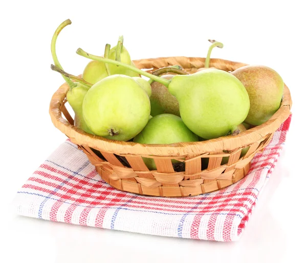 Ripe pears in basket isolated on white — Stock Photo, Image