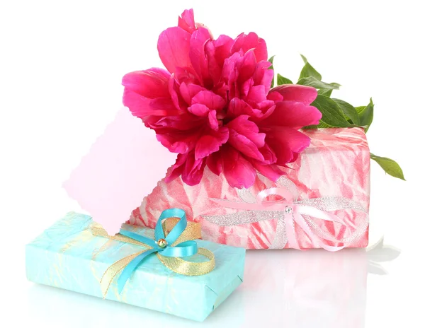 美しいピンクのギフトと牡丹の花を白で隔離されます。 — Stockfoto