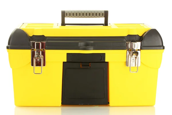 Cassetta portautensili gialla isolata su primo piano bianco — Foto Stock