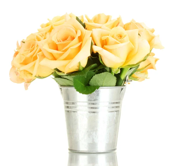 Mooi boeket rozen in emmer geïsoleerd op wit — Stockfoto
