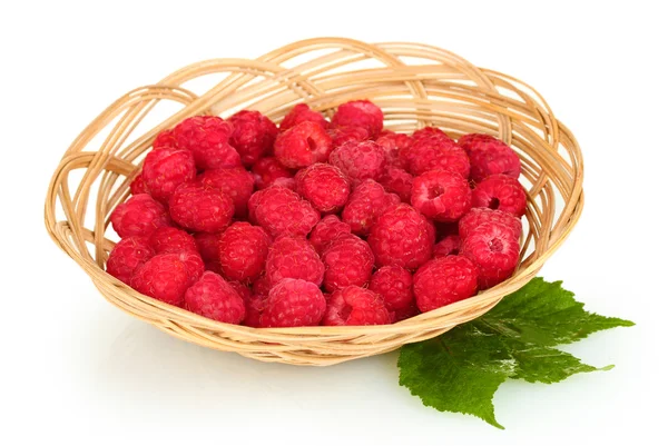 Fresh raspberries in wicker basket isolated on white — Stock Photo, Image