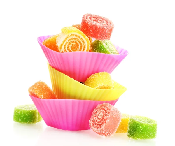 Sweet jelly candies in cup cake cases isolated on white — Stock Photo, Image