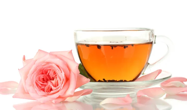 Cup of tea with rose isolated on white — Stock Photo, Image