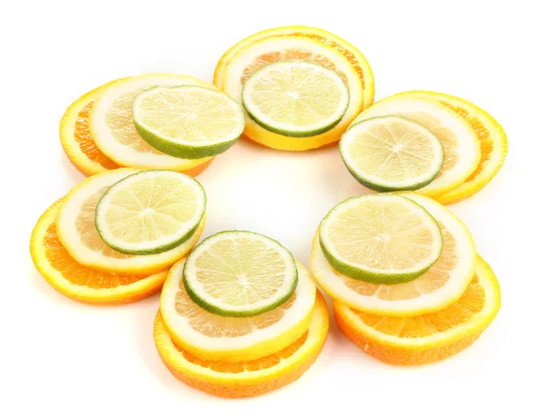 Lima naranja y limón se cierran aislados en blanco —  Fotos de Stock