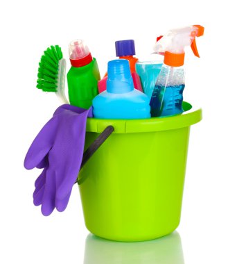 Cleaning items in bucket isolated on white clipart