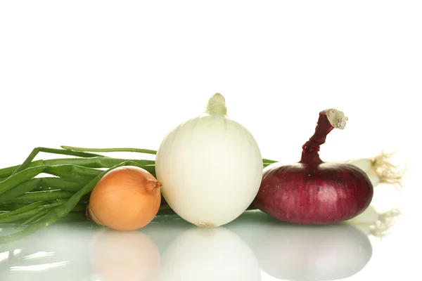 Diferentes tipos de cebolas no fundo branco close-up — Fotografia de Stock