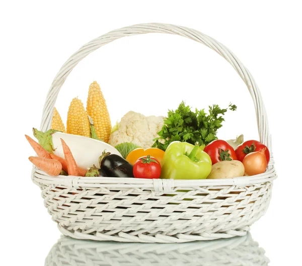 Fresh vegetables in white basket isolated on white — Stock Photo, Image
