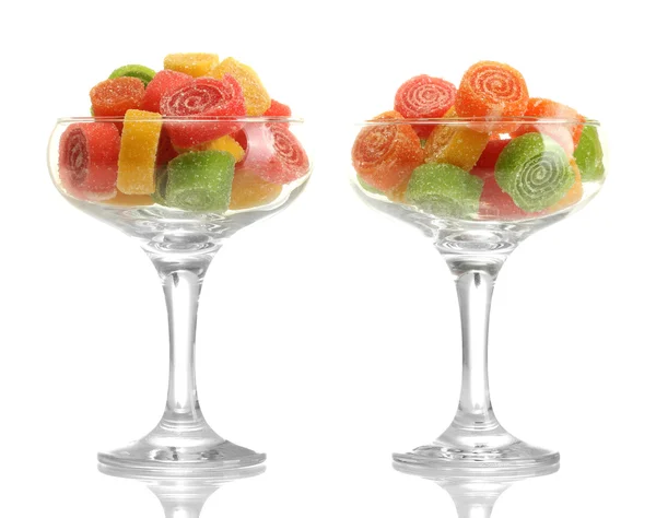 Colorful jelly candies in in cocktail glasses isolated on white — Stock Photo, Image