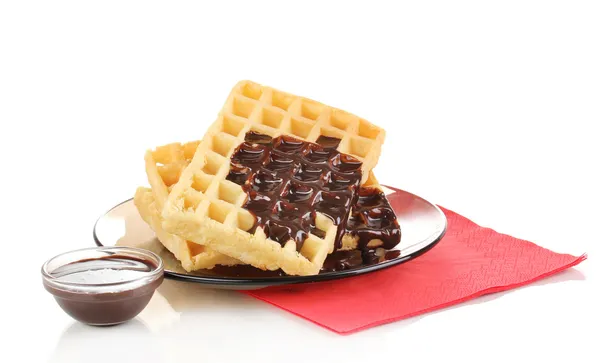 맛 있는 와플 접시 흰색 절연에 초콜릿 — 스톡 사진