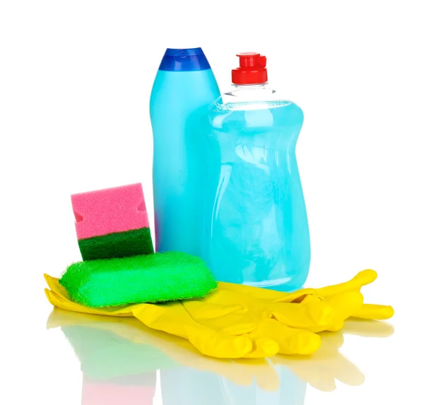 Dishwashing liquids with gloves and sponge isolated on white — Stock Photo, Image