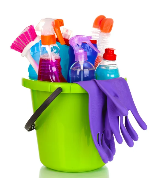 Cleaning items in bucket isolated on white — Stock Photo, Image