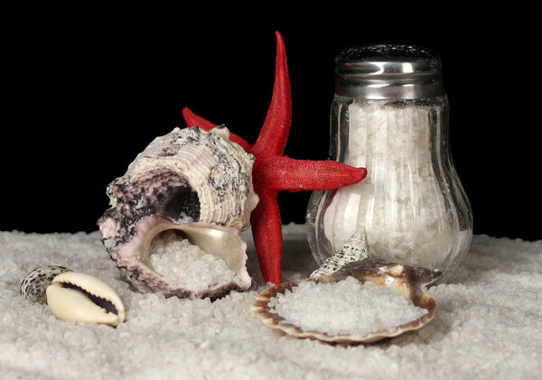 Sea salt in salt shaker with shells on black background