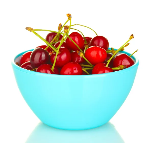 Körsbär i en blå skål isolerad på vit — Stockfoto