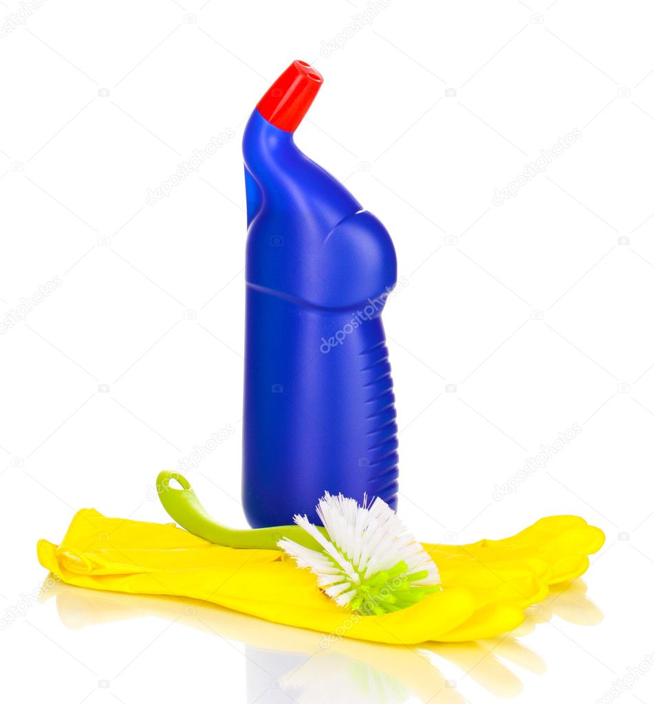 Cleaning items and brush for toilet isolated on white