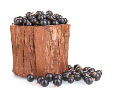 Black currant in wooden cup isolated on white clipart