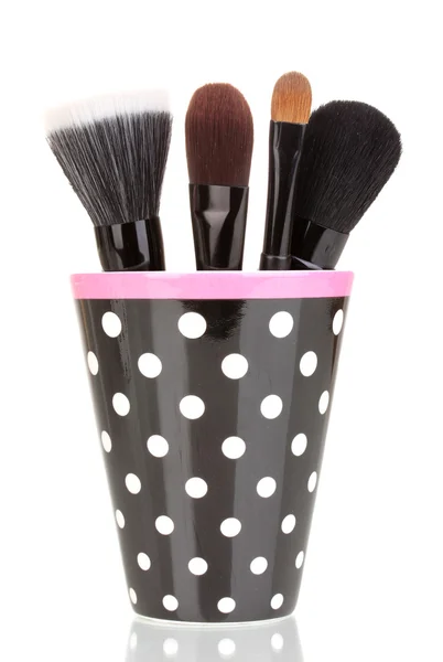 Cosmetic brushes in cup isolated on white — Stock Photo, Image
