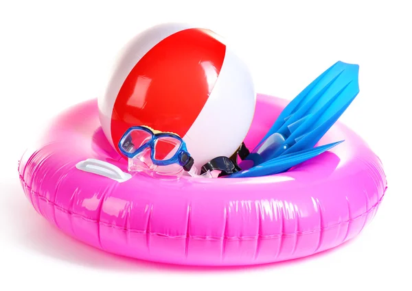 Life ring, inflatable ball, flippers and mask isolated on white — Stock Photo, Image