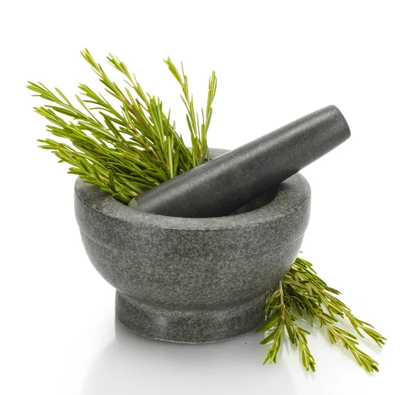 Mortar with fresh green rosemary isolated on white — Stock Photo, Image