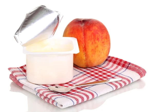 Yogurt with peach isolated on white — Stock Photo, Image