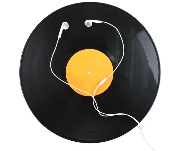 黒のビニール レコードと白で隔離されるヘッドフォン — ストック写真