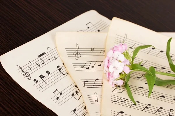 音乐笔记和木桌上的花 — 图库照片