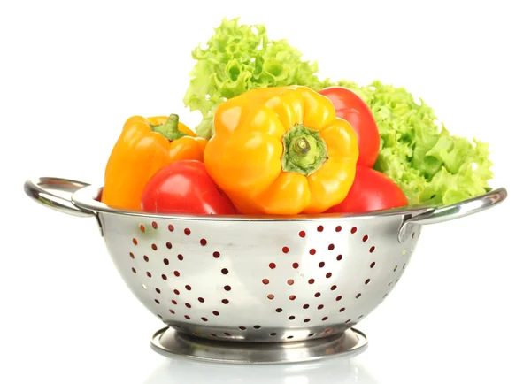 Fresh vegetables in silver colander isolated on white — Stock Photo, Image