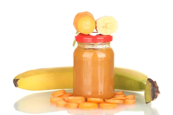 Jar met groenten en fruit babyvoeding geïsoleerd op wit — Stockfoto