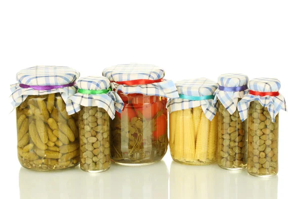 Jars canned vegetables isolated on white — Stock Photo, Image