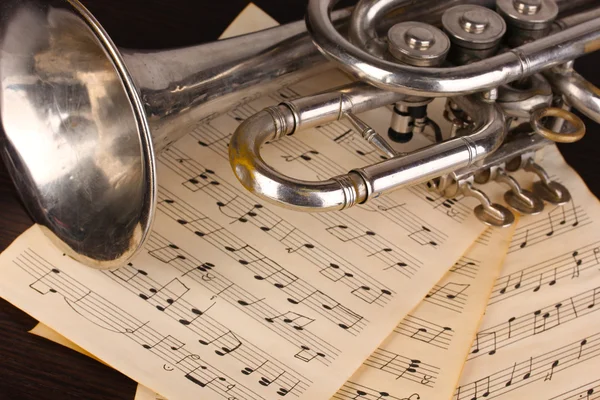 Notes musicales et trompette sur table en bois Photos De Stock Libres De Droits